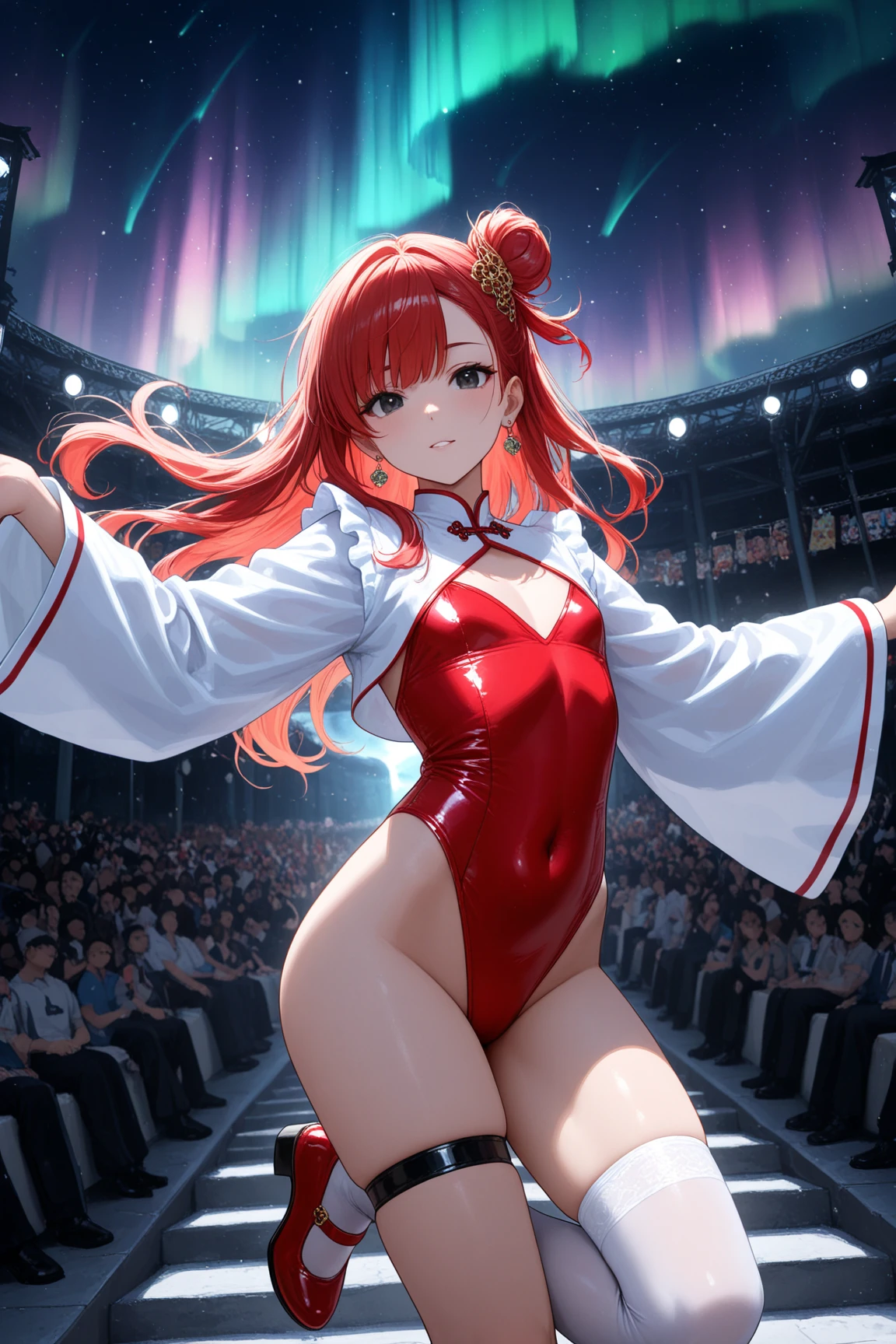 masterpiece, best quality, beautiful art, high resolution, well formed hands, body and fingers, 1 woman, solo, Hahari Hanazono, adult, big breasted, cleavage full body, long hair, hair ornament, cosplaying as Mai Shiranui, gorgeous legs and thighs, sexy japanese clothes, she is doing exercise, warming up, stretching her body, bouncing breasts, sexy and erotic training, working out, sweating, smiling joyfully and brightly, training montage session, beach environment 