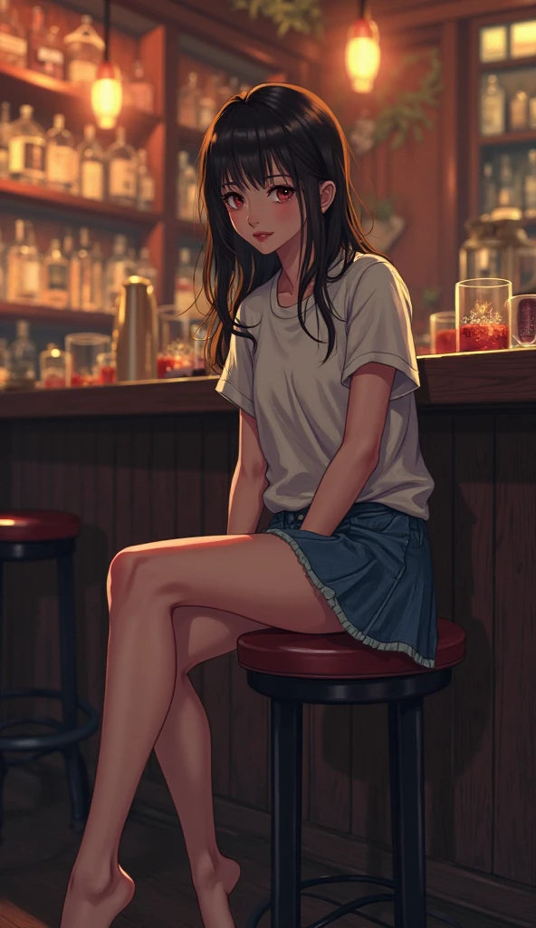 A girl sits on the cushion of a bar stool., Spread your legs, denim short skirt, white panties,
