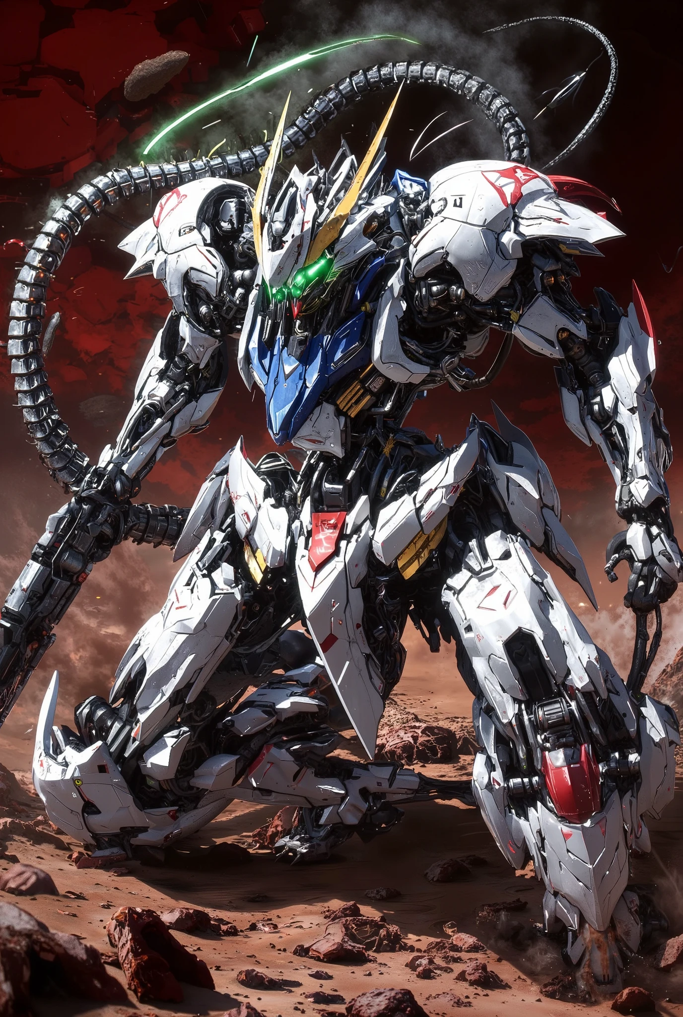 Robot Like Gundam Barbatos ,high-resolution photorealistic detailed depiction３D rendering style ,hyperrealism art,mechanical details of Gundam Barbatos' face,Accurate Proportions of Gundam Barbatos,accurate shiny white armor and、red, Blue, Gold Accents.  green_lens flares from glowing binoculars,Joints and panel lines,  Mobile Suit Barbatos has accumulated energy for the final attack, effects of many particles flowing into the body of a mobile suit. on his knees, Spread Your Arms in a Strong Pose. dynamic angle shots ,On the battlefield on Mars,  redいアリーナ, ４K resolution, Highest Quality , 2 megapixel, --q 2