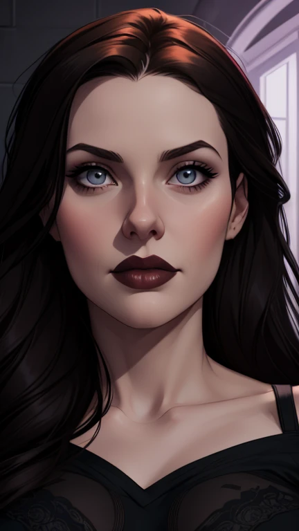 A closeup of a woman in a black top and a black bra, estilo de arte de charlie bowater, Estilo Charlie Bowater, retrato de vampiro, arte do personagem charlie bowater, Alena Aenami e Artgerm, Neoartcore e Charlie Bowater, Charlie Bowater cores ricas e profundas, lazy art style, Artgerm e Tom Bagshaw