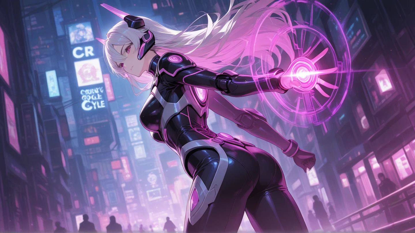 (((masterpiece))), (((best quality))), ((ultra-detailed)), (highly detailed CG illustration), ((an extremely delicate and beautiful)),A cyberpunk girl on a motorbike, (full body shot), Unreal engine, at cyberpunk city, neon colors, ((dark grey hair)), dark night time, center composition, symmetrical composition, ((dark night:1.5)), dark neon, ((dark night:1.7)), extremely detailed, ((long shot)),((pitch black all around:1.7)), (dark puple:1.7),neon purple city, ((cyber city:1.2)), high detailed face anime, detailed anime face