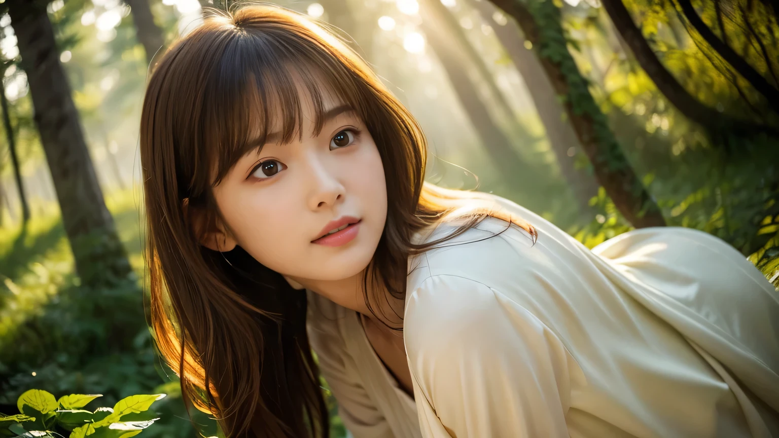 Beautiful Japanese girl, sad, open mouth to say something, shy, Soft skin and a nice perfect face, A small face with a nose and rosy lips, Beautiful Eyes, Beautiful smile. Surrounded by a bright, ethereal glow, medium hair, Silk blouse, Hyperrealistic female photos, High quality high resolution 8K masterpiece, The morning sunlight shines through the misty forest path,