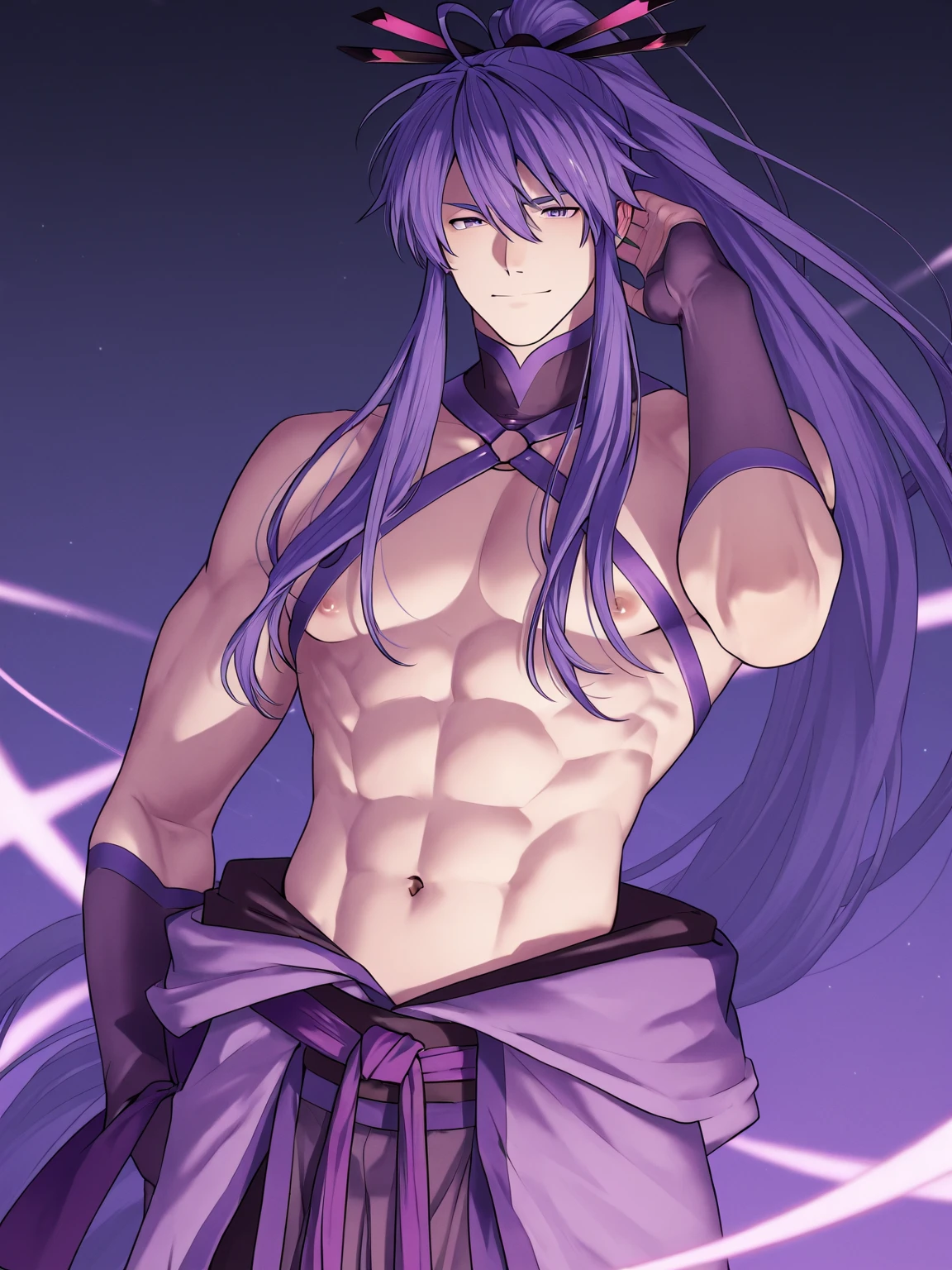 Best quality, 1male, Scaramouche, Genshin Impact, Tall, Purple hair, naked, bedroom, big dick, masculine