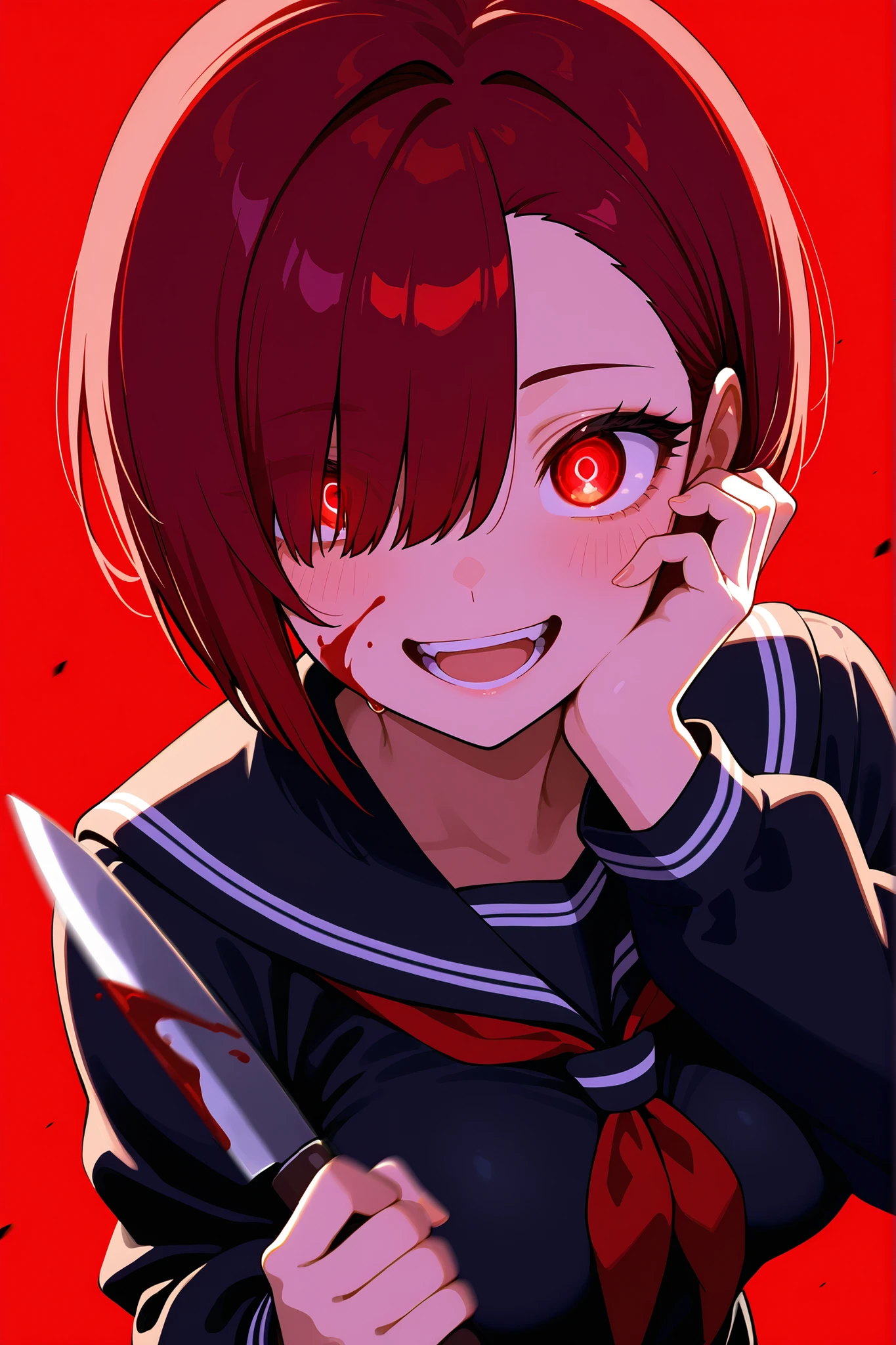 masterpiece, best quality, amazing quality, ultra detailed, very aesthetic, absurdres, highres, merustyle, 1girl, solo, red hair, short asymmetrical bobcut, hair over eye, asymmetrical bangs, medium breasts, black seifuku, teeth, open mouth, blood on face, smile, crazy eyes, holding knife, hand on own cheek, upper body, red background, backlighting, from above, glowing eyes, motion blur, close-up, (dutch angle)