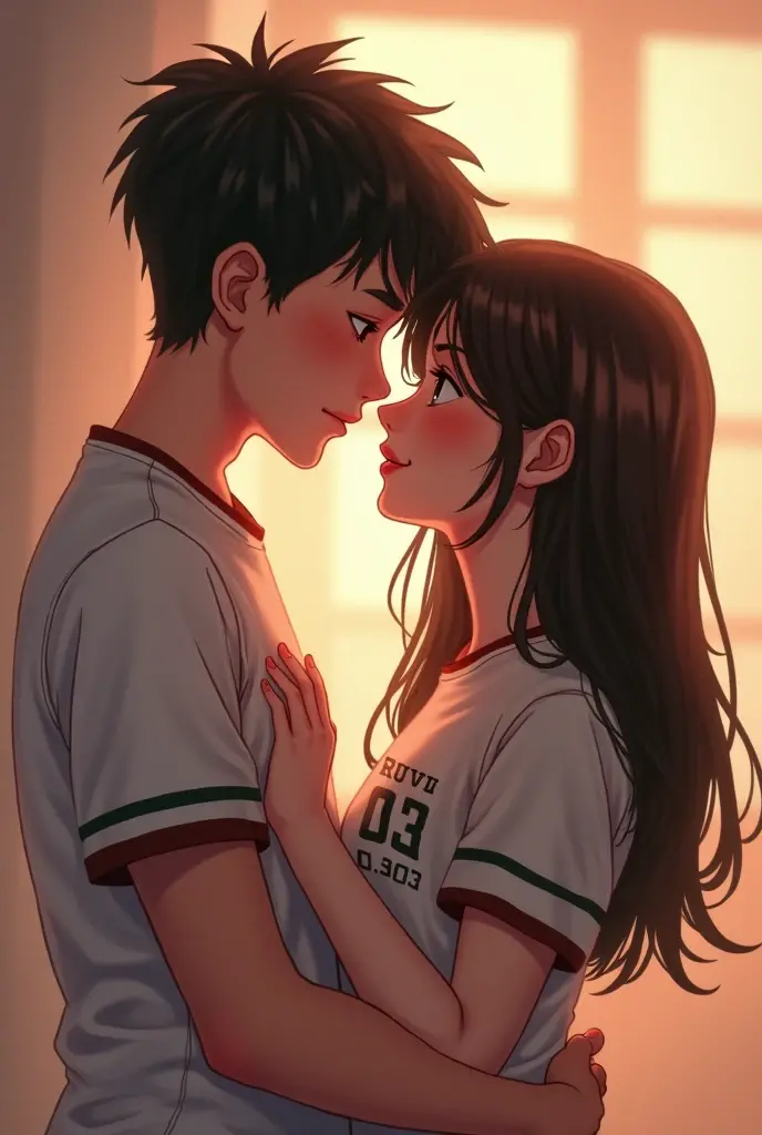 A 20-year-old boy and a boy are in love. The boy's shirt says Chamo 2003. The girl's shirt says Ruvi 2003.