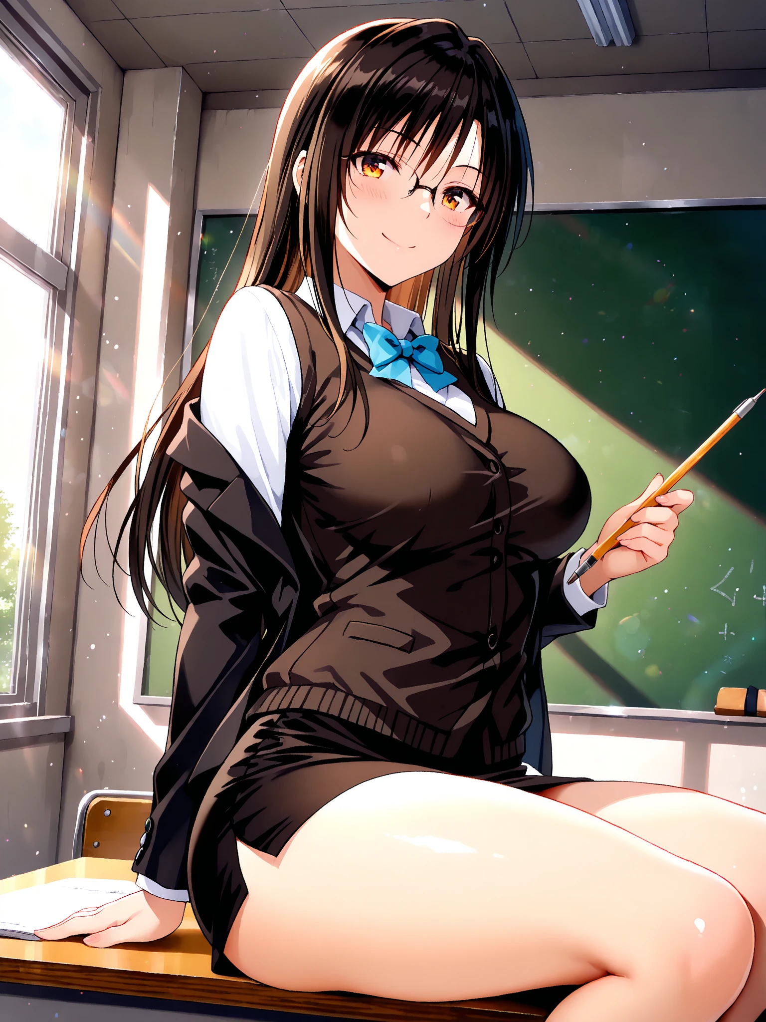 {best quality}, {very aesthetic}, {ultra-detailed}, {best illustration}, nsfw , pussy, excessive cum, nude, embarrassed, spread pussy, breast squeeze, large breasts, girl wearing a Japanese school swimsuit, black long hair, dark blue swimsuit, sitting, open legs, sex