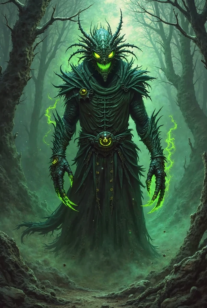 (extremely detailed 8k wallpaper), a medium shot photo of  Grim dressed as a scary masked tree  green tree-supervillain in a tree green body made of tree branches glowing body from marvel, theme, intricate, high detail, dramatic, destroyed buildings and blue smoke in the background