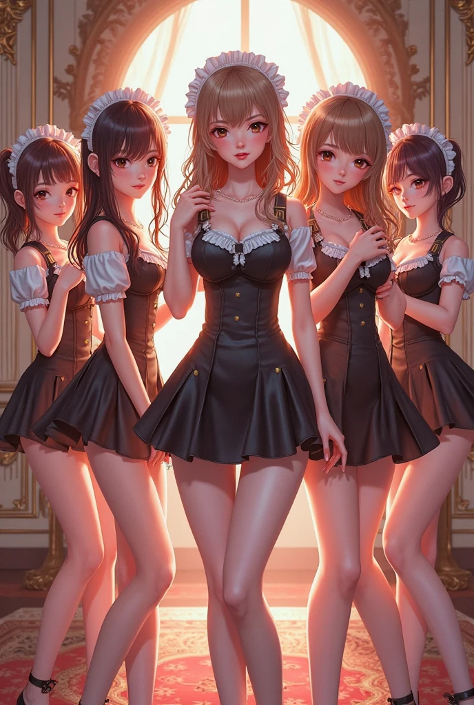 Masterpiece, dynamic shot, ((Multiple females)), bound queen surrounded by her maids, bound queen, bondage, tied, shibari, femles, slaves, beautiful lingerie underwear , maids, scared,  closeup, golden chains, (golden leash), collar, golden collar, beautiful bodies, slim, horror style, highly detailed faces, (silk underwear), stockings, leather tight boots, cold lighting, high contrast light, low lighting, highly detailed, from below
