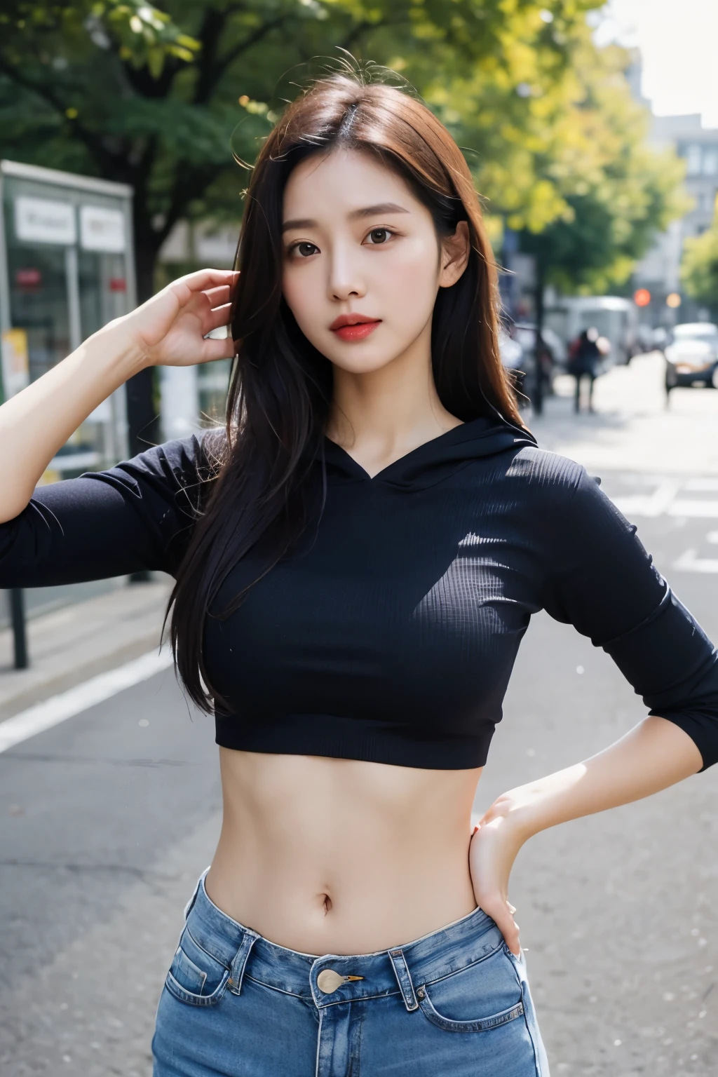 a girl, Thick belly button hoodie, long sleeve, (bare midriff, exposed navel), sexy abs, navel open,completely exposed abdomen, Low-rise hot pants,Expose your little belly,Mermaid Line, metal belt, cowboy shot, summer street, 8k, best quality, masterpiece, photorealistic, ultra-detailed, vivid colors, professional lighting, cinematic, dynamic pose, dramatic lighting, intricate details,Looking at the camera,Smile,Sweating on belly
