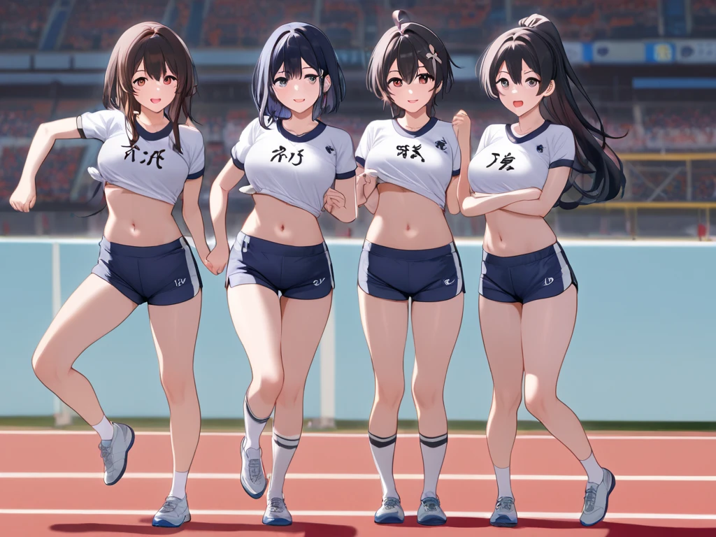 anime, best quality, masterpiece, epic, highest detail, 18 years old, directly front view, 4x100 relay, (4 girls:1.5), line up alongside, cute and beautiful face, smile, (six pack abs:1.2), wearing the darkred sleeveless track uniform, wearing a navy bloomer, exposing the abdomen, standing and posing, slim and tall body, thin musclar thighs, small breast, front lighting, on the track field, in the night stadium, dark sky, night competition