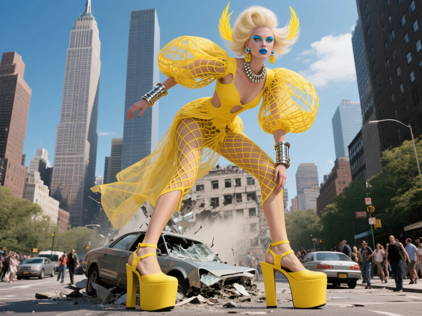 The image is of Harley Quinn riding a motorized unicycle through the crowded streets of Gotham City, while juggling colorful pom-poms and wearing a top hat.,Batman: The Animated Series,[Appearance= "Blonde Hair in Pigtails", "Tight Tank Top and Spandex Shorts", "Pale Complexion", "Vibrant Blue Eyes"]