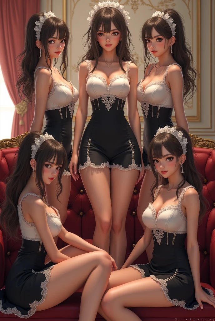 in the room, Four Girls.  look at the camera together. Sexy outfits. Big boobs.