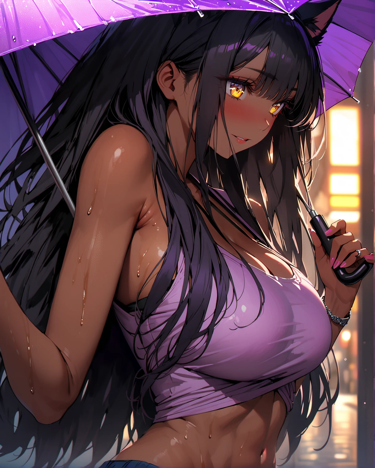 female, huge black rabbit ears, floppy black rabbit ears, dark skin, black hair, very long hair, braids, ((huge breasts)), thick thighs:0.4, smile, black eyes, abs, cleavage:0.3, heaving breasts, close up, from the waist up, looking at viewer, looking up, black rabbit tail, sweat, solo, short shirt, worn jeans, cigarette in mouth, earring, choker, navel piercing, park, night, short shirt, bare midriff