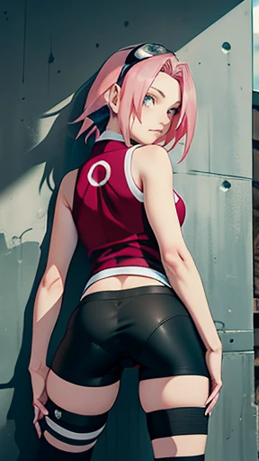 chedevr, Best quality at best, 1 girl, Sakura Haruno, big ,red clothes,Grew, to be sexy,Very angry,with pink hair, long pink hair, (green eyes:1.4), Forehead Protection,ideal figure,Behind,Портрет в полный рост Behind,in the cell,standing on his feet, сильно bent over вперед, face pressed against the wall ,legs straight, leans his hands on the wall, the back is arched back, tight black glossy bicycle shorts, lower body close up , butt raised up, bent over