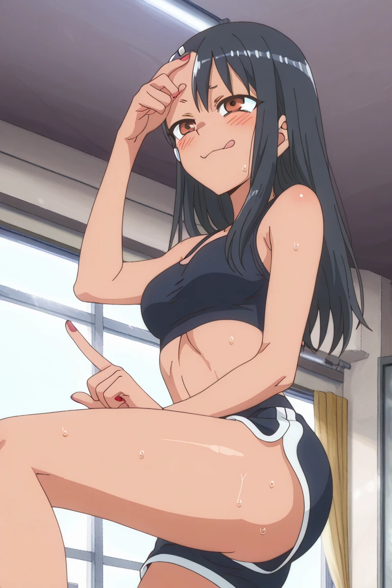 Nagatoro, lowleg panties , white panties, string bra, pubic hair, beach, sucking finger, blush, smirk, small breasts, spread legs, sitting on the chair