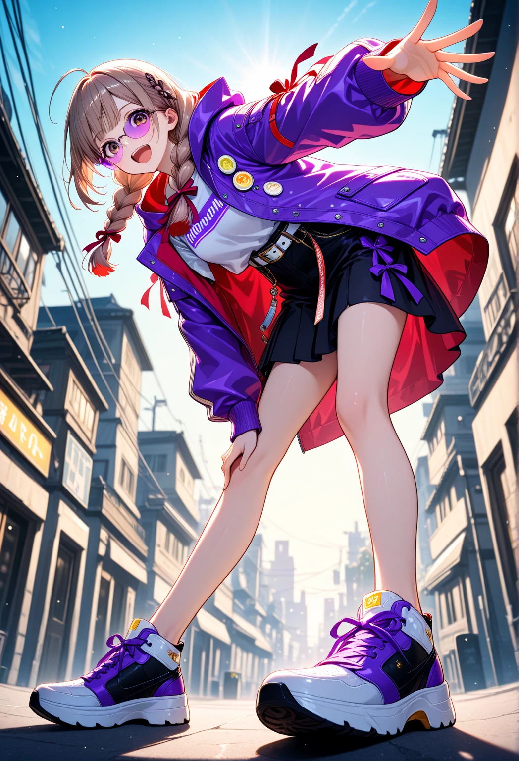 1girl, shinshuu-maru, soft from the sky, spot light, noon light, street fashion, jacket, open jacket, braid, layered clothes, playful pose, reaching at viewer, from below, looking at viewer, open mouth, sneakers, full body, fashionable belt, glasses, purple tinted glasses,leaning forward,bloom light, happy, tokyo, harajuku fashion