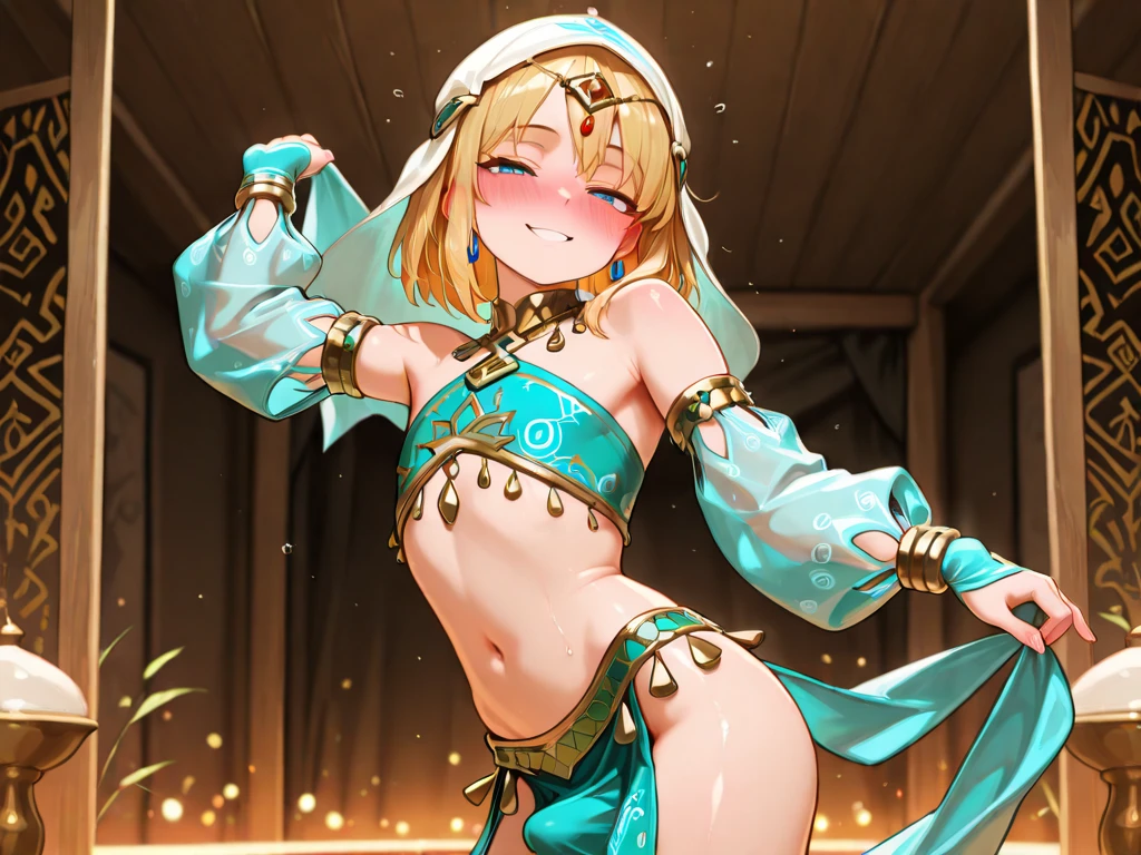 ((kinako (shiratama mochi) style)), colorful eyes, soft style, masterpiece, solo, 1 girl, ???????, large nipples, nipples, white sarong, harem outfit, semi transparent skirt, beautiful art, vibrant, flat chests, desert, tent, platinum blonde hair, dancing, different poses, narrow waist, slender legs, hairband, jewely, necklace, bracelet, white mouth veil, veil, headdress, navel, thigh strap, abstract, night, moonlight, light hair, waist pouch, blue eyes, high angle shot, top view, black eyeliner, sparkling, winking, side view, arched back, flexible body, serene face, soft eyes, relaxed, calm, smiling, bonfire, enchanted, thin, ribcage, carpet