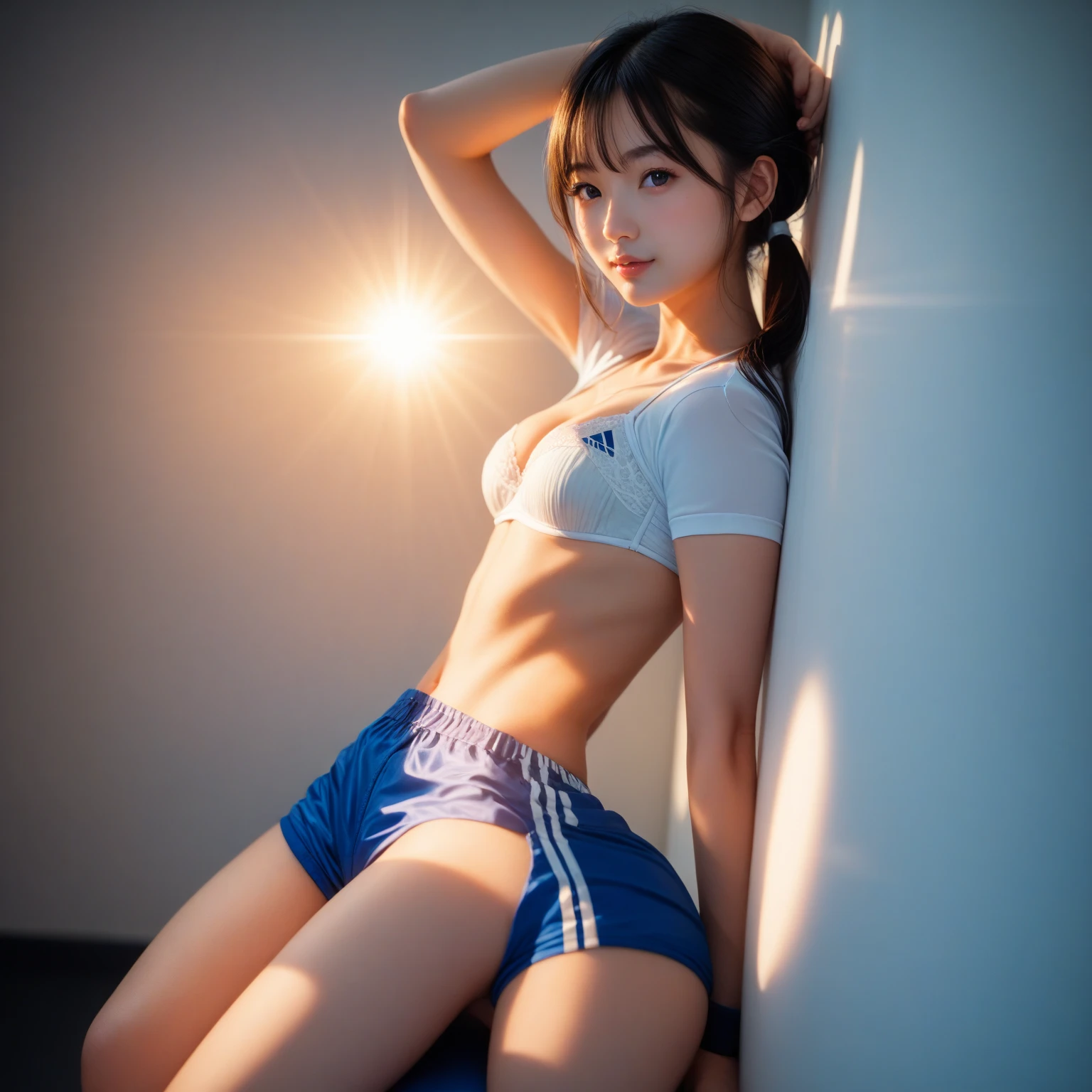 8K RAW photo, highest quality, masterpiece, Ultra High resolution, movie texture, movie, 2 girls, looking at the viewer, firm skin, Shine, natural skin texture, realistic eyes and face details, (Shiny skin :1.5), (oily skin :1.5), Slim, ((big breasts), full lips, Lip crochet, (compensate), red eyeshadow, short shaggy hair, messy hair, smile, fitness wear(shorts panties), wear white stockings, Hair: ponytail, standing on a space station(you can see the starry sky outside the window), sexy pose(I can see your panties), look into the camera with a confident expression