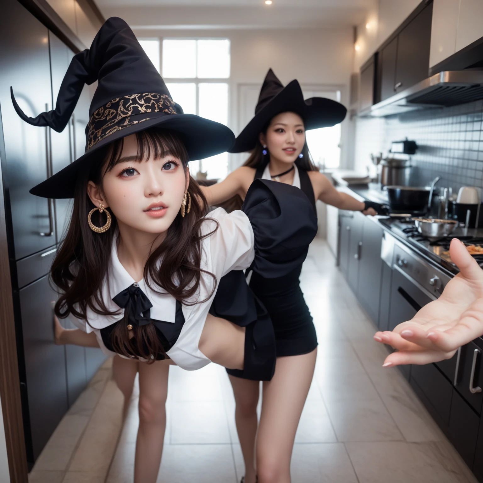 (top-quality)、 (masterpiece)、(Professional lighting with fewer shadows)、 (Bewitching:1.5)、 (A hyper-realistic)、(Stylish), (perfect anatomia)、(Girl proudly standing in front of camera shows off her breasts、Another girl on the other side、Bend over and stick your butt out towards the camera), ( Huge breasts:1.3), (Bright whitening skin without wrinkles and steps,,:1.5), (Beautiful blue eyes with long eyelashes and red tear bags)、 (Braided half-up hair fluttering in the wind), (The costume is a micro mini length high school girl uniform:1.5), (Proudly show off your breasts from the front), (Another girl on the other side、To beautifully emphasize the proud super big ass、Showing off a pose with the buttocks exposed from directly behind:1.7), (Kiss face to face while bewitchingly touching breasts and crotch:1.7), (detailed beautiful faces), (Shot in a garden full of flowers:1.2),