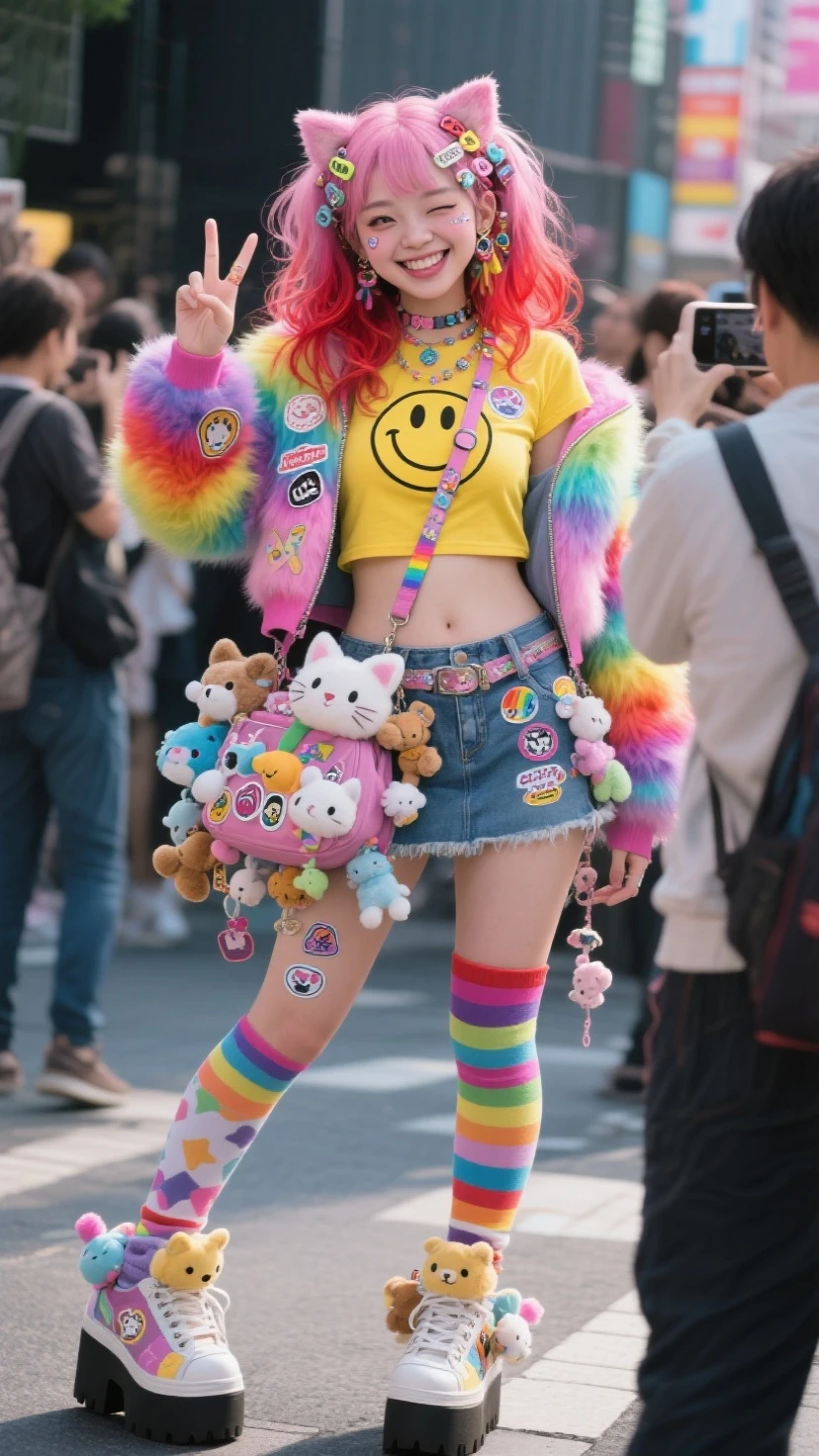 masterpiece , best quality, ultra-detailed, 1girl, full body image, front view, young girl, over the top harajuko street fashion, open cropped rainbow  fur jacket, yellow smiley face shirt, medium size breasts, cat bag, many plush animals attached to clothing, many stickers on face, long hair, messy pink and red gradient hair, high platform sneakers with mini plushies attached, many hairclips and accessories, thigh high multi-patterned odd socks, skirt/shorts, big smile, posing for a picture, peace sign while winking, some tourists taking photos, view from the back of a tourists shoulder