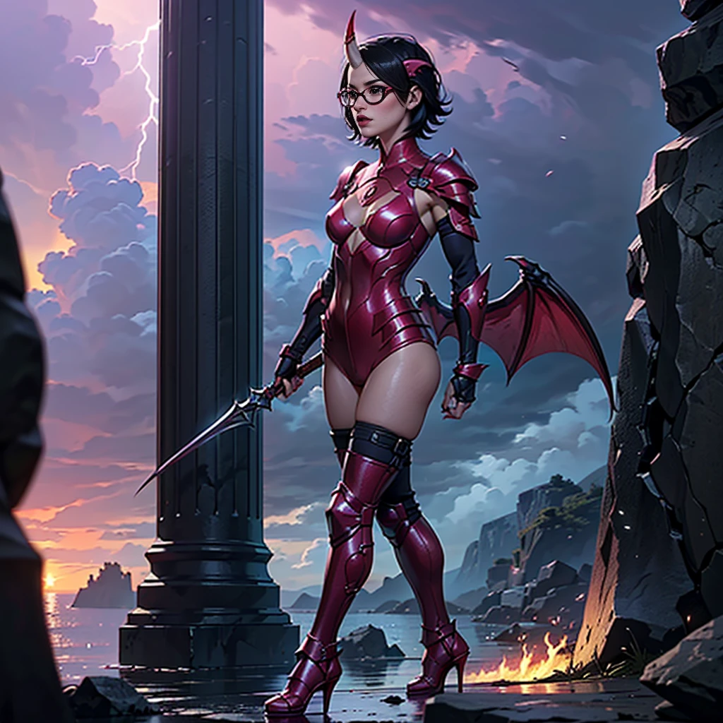 a 3d pixar animation style picture of Vampirella standing in the street at night, Vampirella  (masterpiece, extremely detailed, best quality), full body (masterpiece, extremely detailed, best detailed), standing in an urban street at night  exquisite beautiful Vampirella (masterpiece, extremely detailed, best quality), best detailed face, full body, wearing red armor LnF (masterpiece, extremely detailed, very high quality),  armed with a sword fantasysword sword (masterpiece, extremely detailed, best quality), ready for battle, urban street background, lamp lights, moon light, detailed background (masterpiece, extremely detailed, best quality), best realistic, very high quality, best quality, 16k, [ultra detailed], masterpiece, best quality, (extremely detailed), ultra wide shot, photorealism, depth of field, 3D animation render