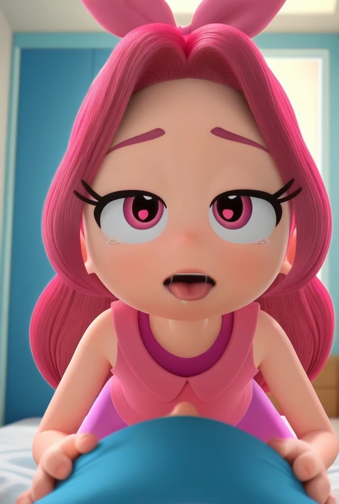 Red_Ruby, 1 female, alone, fair skin, pink eyes, long hair, pink hair, pink headband, purplish red dress, pink vest, purplish pink leggings, white socks, purplish red shoes, Ahegao face, Dutch POV, both hands holding the sides of the purplish pink leggings, naughty pose, looking at the viewer, indoors in a bedroom, bed, dynamic pose, Breastfeeding a baby boy