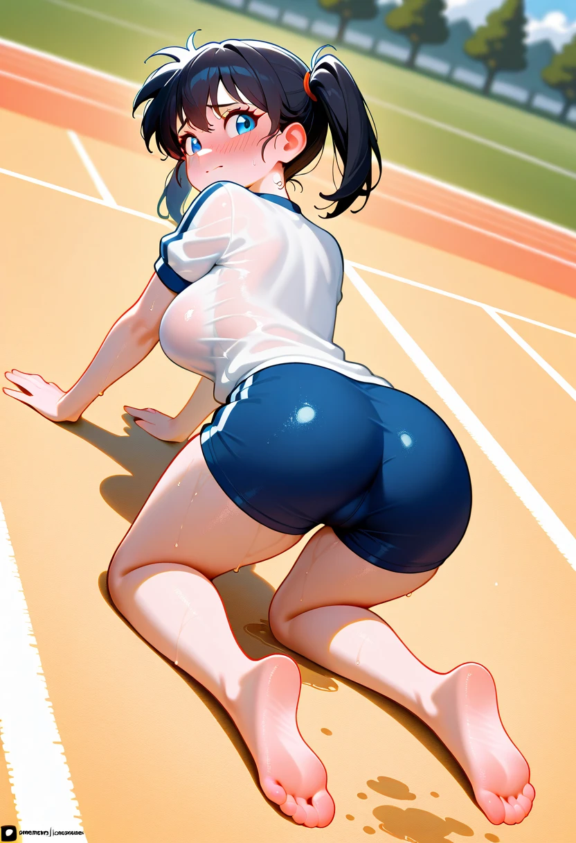 Asian tanned runner woman on all fours, exposing butt, running shorts, panties pulled aside, sneakers, wet
