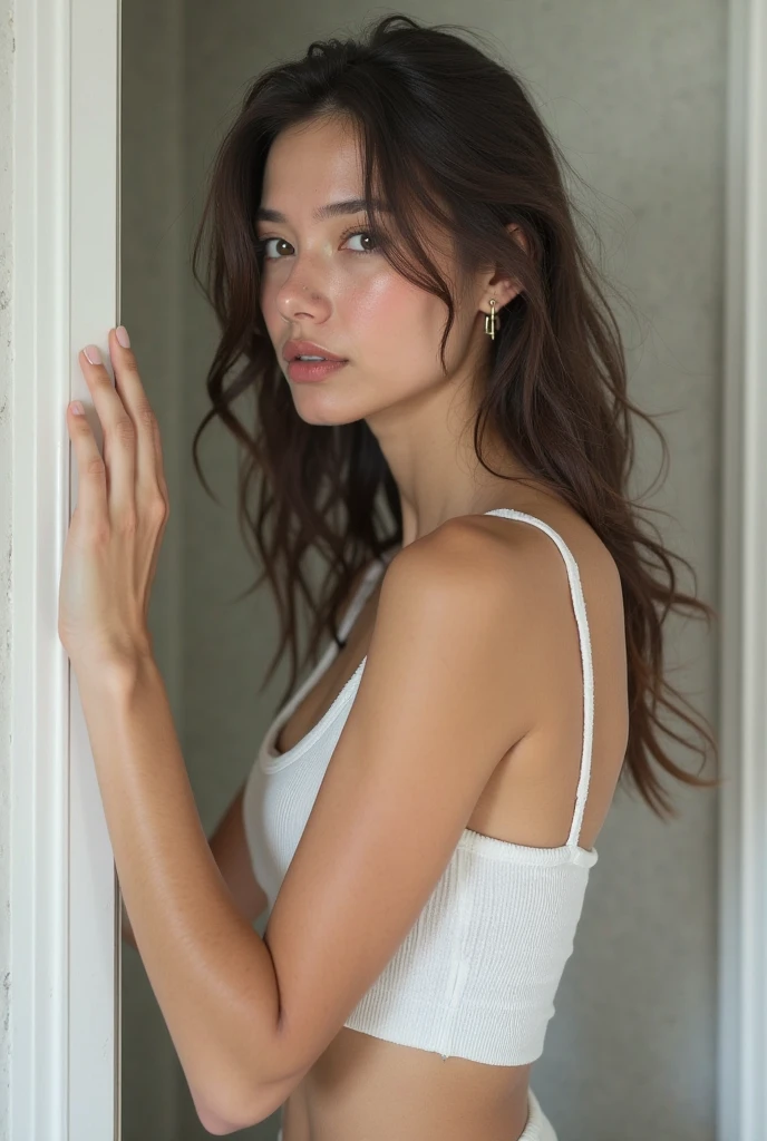 Create a very realistic and beautiful model with the following detailed features: Gender: Female, Age: Young adult (approximately 20-25 years old), Hair: Long, wavy and reddish with a natural shine, gently cascading around the shoulders and back back. . . . . . . . . . . . , Eyes: Bright green with a captivating, slightly almond-shaped look, detailed with natural highlights, Skin: Fair complexion with a light texture, including natural freckles on the nose and cheeks, giving a youthful and vibrant appearance: Fair complexion with a light texture, including natural freckles on the nose and cheeks, giving a youthful and lively appearance, Face: with a smooth and natural contour, soft and full lips with a slight pinkish tint and a slightly delicate upturned nose, Expression : a gentle face, with a touch of mischief, which conveys warmth and approachability, Clothing: in a white suit and sunglasses standing on a bridge, wearing a white suit, a white suit, a white outfit, a white suit and glasses , a white futuristic suit, a white silky outfit, fashionable white clothes, a Girl in a suit, wear white clothes, Girl in a suit, Smooth white tight-fitting suit, wear an elegant outfit, haute couture chic, All white, Background : the model is on an elegant flowered terrace, beginning on an open roof, end of sunny day, sea view in the background.
Pose: relaxed and confident posture, start on an open-air rooftop, end of sunny day, sea view in the background. aesthetic, Unsplash, Neoclassicism, Complex background, Best quality, hyper detailed, Gratty Sita, 64K, Light design