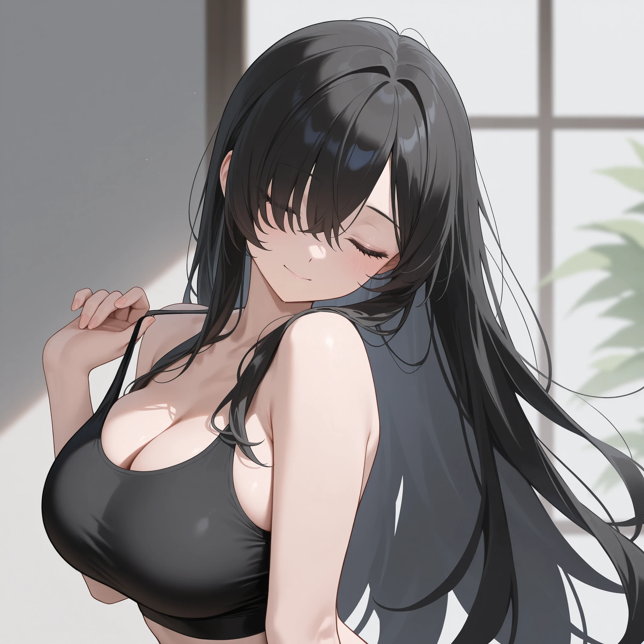 1woman,solo,milf,mature female,medium long hair,black hair,asymmetrical bangs,black eyes,plump,large breasts,armpit,open armpit,armpit focus,(armpit hair:0.6)