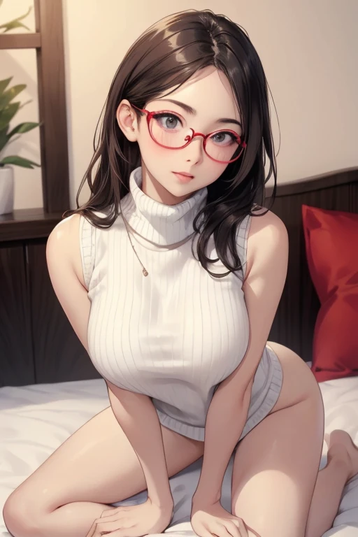Beautiful mature 55 year old Japanese woman, 1 female, Married women, Long eyelashes, Low Ponytail, Flowing Hair, Wearing glasses, Red lipstick, Pink Cheeks, Pearl Necklace, Earrings, Dark eyeshadow, Small breasts, Nipples, ((Completely naked)), Garter Stockings, Beautiful body, Sitting on the couch, ((Pink Background)), ((Full Body Focus)), Pussy, Browsing Caution
