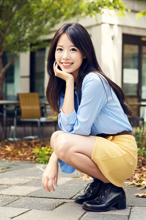 Draw the lips correctly, red lipstick, From the chest up, best quality, Extremely detailed, realistic, ผิวExtremely detailed, perfect anatomy, (1 日本mature的女人), (alone)，Wear a dark red shirt.，short sleeve，Blue Jeans，black belt，long wavy hair，37 year old woman，mature，Charming smile，outdoor background，stand，leg length，chubby，big breasts，stand up，full body shot