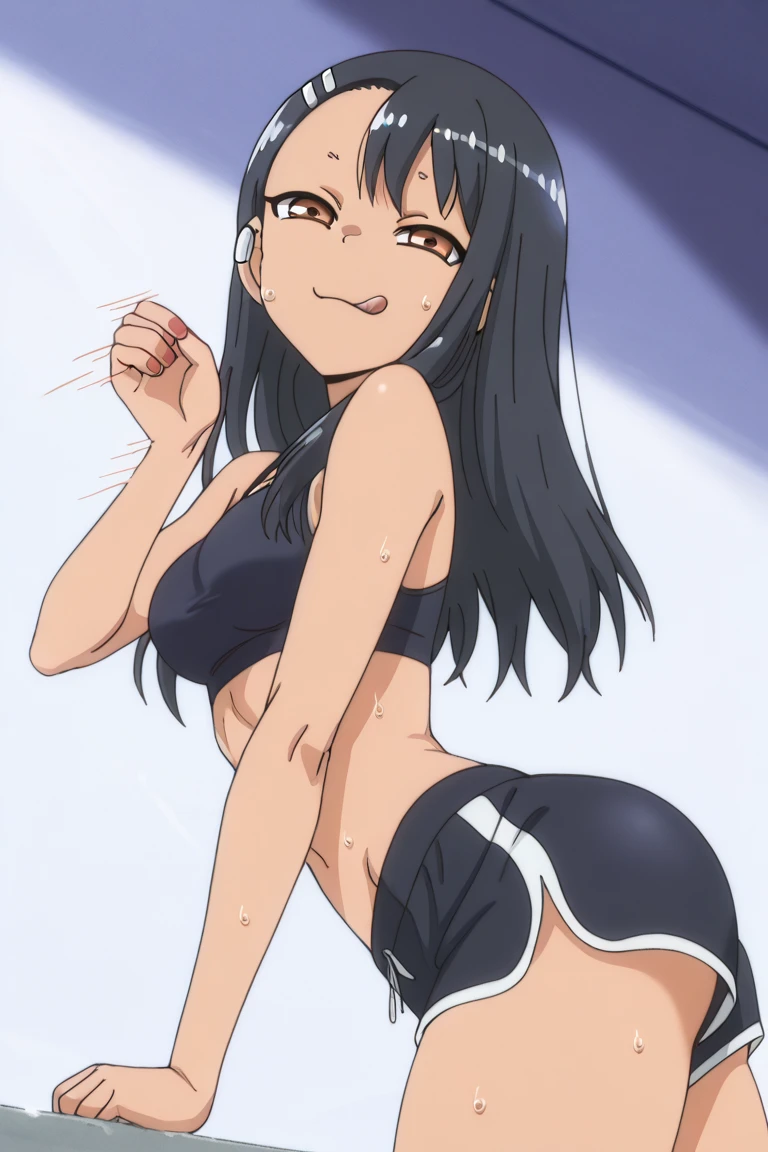((best quality)), ((highly detailed)), masterpiece, (detailed eyes, deep eyes), (1girl), cowboy shot, nagatoro hayase, hair ornament, brown eyes, iris looking up, eyes looking up, open mouth, sexually suggestive facial expression, hairclip, ((dark skin)), black hair, evil smile, smirk, micro bikini, see through micro bikini, squatting, spread legs, sweaty shiny body, arch back, back bridging pose, (inside, in a gymnasium)
