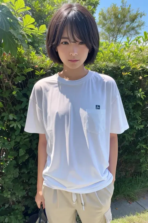 japanese girl,wearing a t-shirt、18-year-old、short hair、No bangs