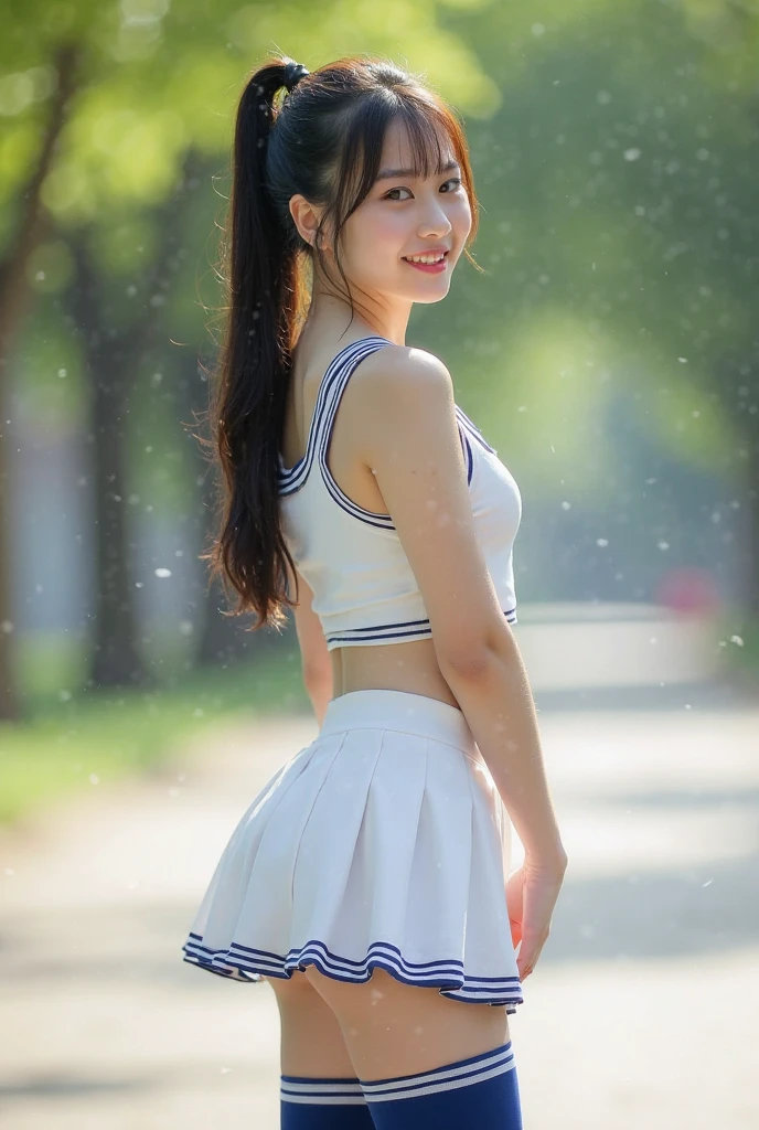 (highest quality, High resolution, masterpiece :1.3), (Shooting from the rear side), Beautiful girl, Orange sunset sky, During a tennis match,Short Bob, Blushing,Dynamic Movement.Large firm breasts,No makeup,White panties,Short pleated skirt,Purple tennis wear