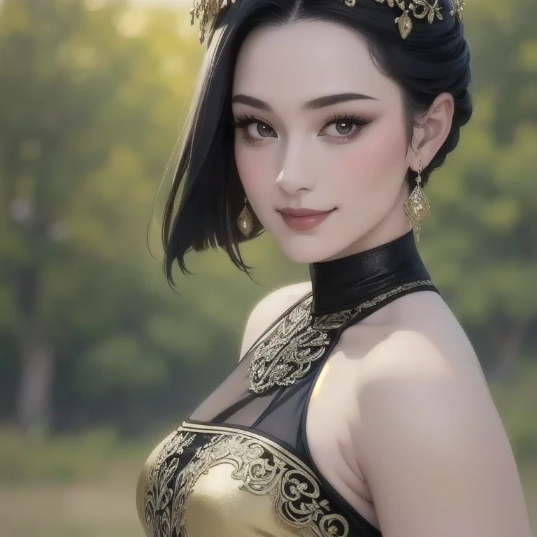 detailed skin texture, detailed cloth texture, beautifully detailed face, masterpiece, best quality, ultra detailed, 8k, intricate details, best quality, 1girl, bangs, bare_shoulders, black_hair, ancient china background, big breasts, thin, cape, cleavage, collarbone, green dress with patterns, gloves, hair_bun, hair_ornament, hair_stick, jewelry, one mole under eye, necklace, smile, solo, thighhighs, (hiqcgbody:0.5), (hiqcgface:0.5), full-body shot,