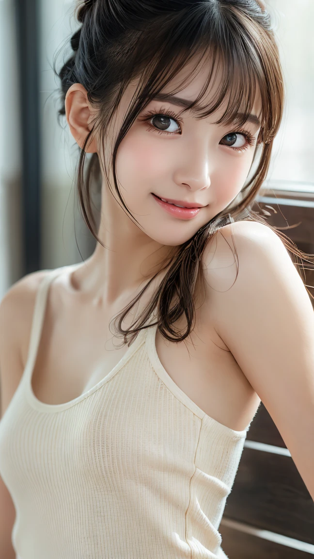 (highest quality, 8k, 32k), (RAW photo, highest quality), (realistic, Photoreal:1.3), masterpiece, very delicate and beautiful, soft light, (brown hair, Straight shoulder-length hair swaying in the wind), bangs, beautiful detailed girl, (finger details), highly detailed eyes and face, beautifully detailed nose, detailed and beautiful eyes, 1 girl, Japanese, pure beauty, young, smile, transparent white tank top, pants, (Half body:1.3), (medium breasts),  breast enhancement, big, forest,