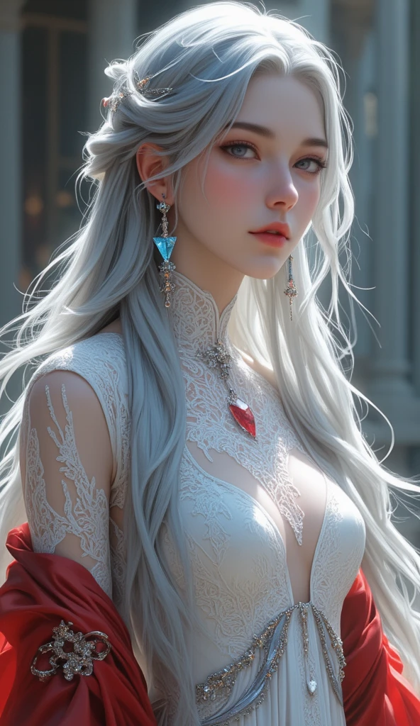 Creates a beautiful tanned girl with long, thin hair in a shaggy style of silver color with red at the tips, ela Also tem olhos vermelhos brilhantes, ela Also usa um longo moletom vermelho e cinza com um longo moletom vermelho e cinza com uma teia de aranha, Also. He wears loose gray shorts and a red belt., ele Also usa tênis esportivos brancos e vermelhos, ele Also usa luvas de combate cinza e vermelhas, ele Also usa óculos de aviador vermelhos na cabeça e um colar com um pingente. silver crow