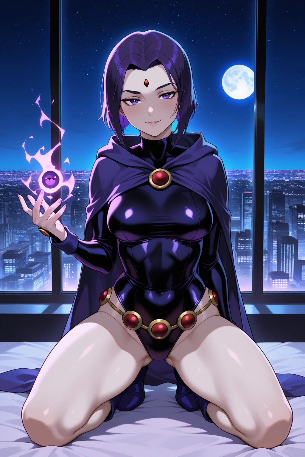 (solo:1.1),(masterpiece), (best quality:1.3), ultra detailed, intricate, (nice hands:1.4), professional art, digital art, absurdres, shadraven, (Full body view:1.1), 1girl, solo, (grey skin:1.4), dark purple hair, bob hair, purple eyes, hips wider than shoulders, pear shaped body, jewellery, detailed thighs, thick thighs, red jewel in forehead, jewels, (long sleeved turtleneck leotard:1.3), cuffs, small breasts, (shadraven cloak), (Shadraven broach:1.2), Shadraven jewel belt, Shadraven wearing a long sleeved leotard outside at night, long legs, ( long crotch bulge:1.4), large penis, large testicles, side view, looking at viewer, bubble butt , gluteal crease, universal lighting,,