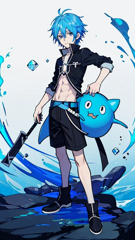 A boy with short hair, bangs that cover the eyes, fluffly, and blushed, de 16 anos, with a big, baggy sweatshirt with a skull print, wearing short shorts, and an effeminate male body with black, dark blue hair, cor da pele, pale white