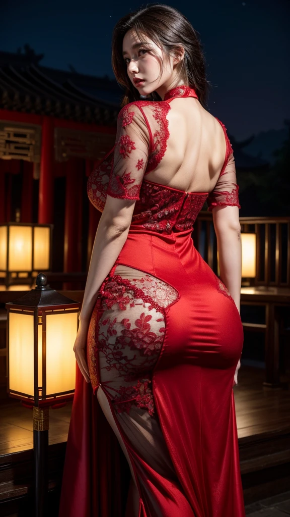 an India aunty bending forward and showing her beautiful rear wearing a red garment. Translucent couture, with puffy sleeves, side view, The scene is shot with (Kodakportra800:1.1) (filmgrain:1.1), [perfect protruding ass]