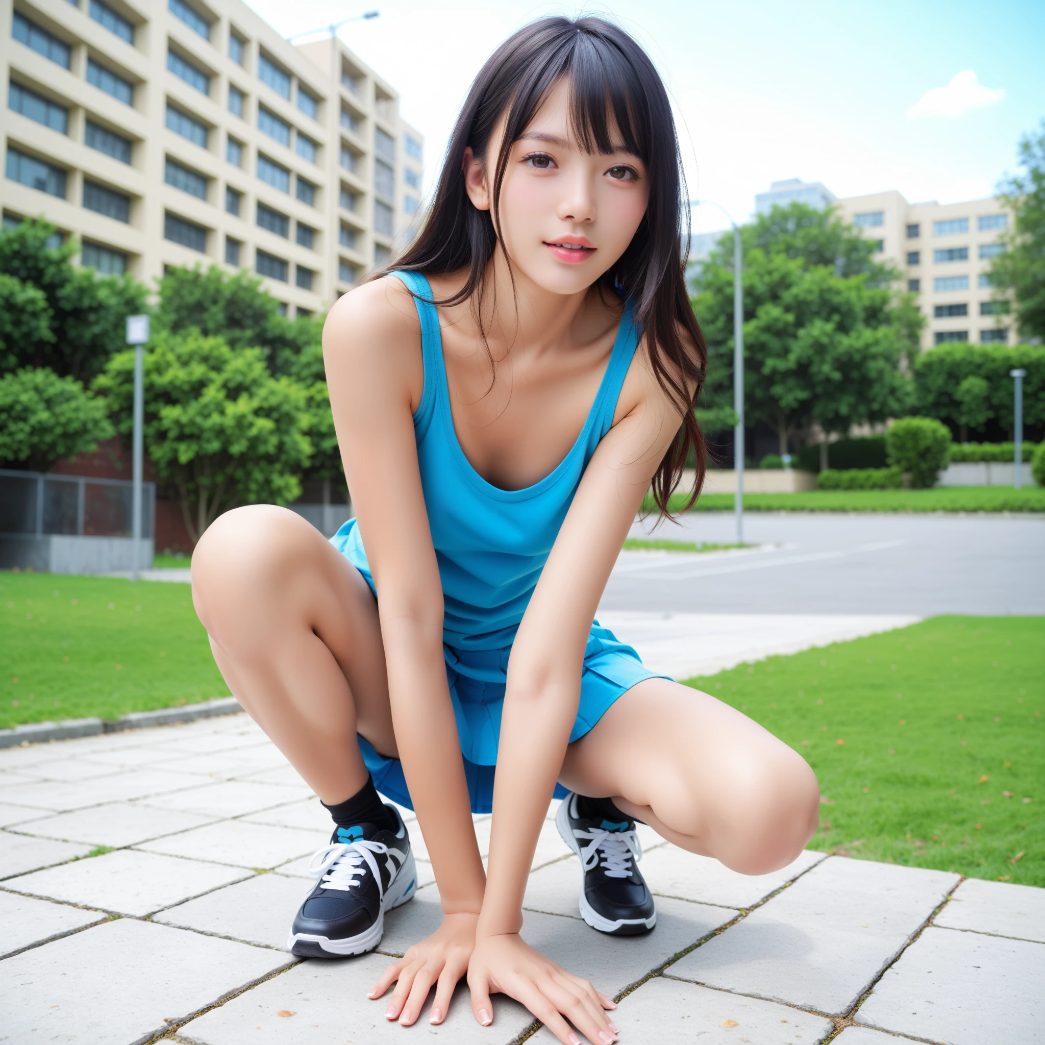 ((1人のとてもかわい12 years oldの女の子、Chun-Li Cosplay、12 years old:1.4)), alone, , (smile:1.1)、( Ultra-thin tank top unitard in blue nylon、Ultra light blue pants, Ultra-thin blue tight suit,Yellow Hair Ribbon, Twin bun hairstyle, sneakers, Bare shoulders:1.2)、Details: Ultra-realistic sheer nipples and clearly visible areola、Highly detailed and ultra realistic sheer shaved pussy、Small breasts、Flat Chest、((Kicking pose for the camera))、Alley