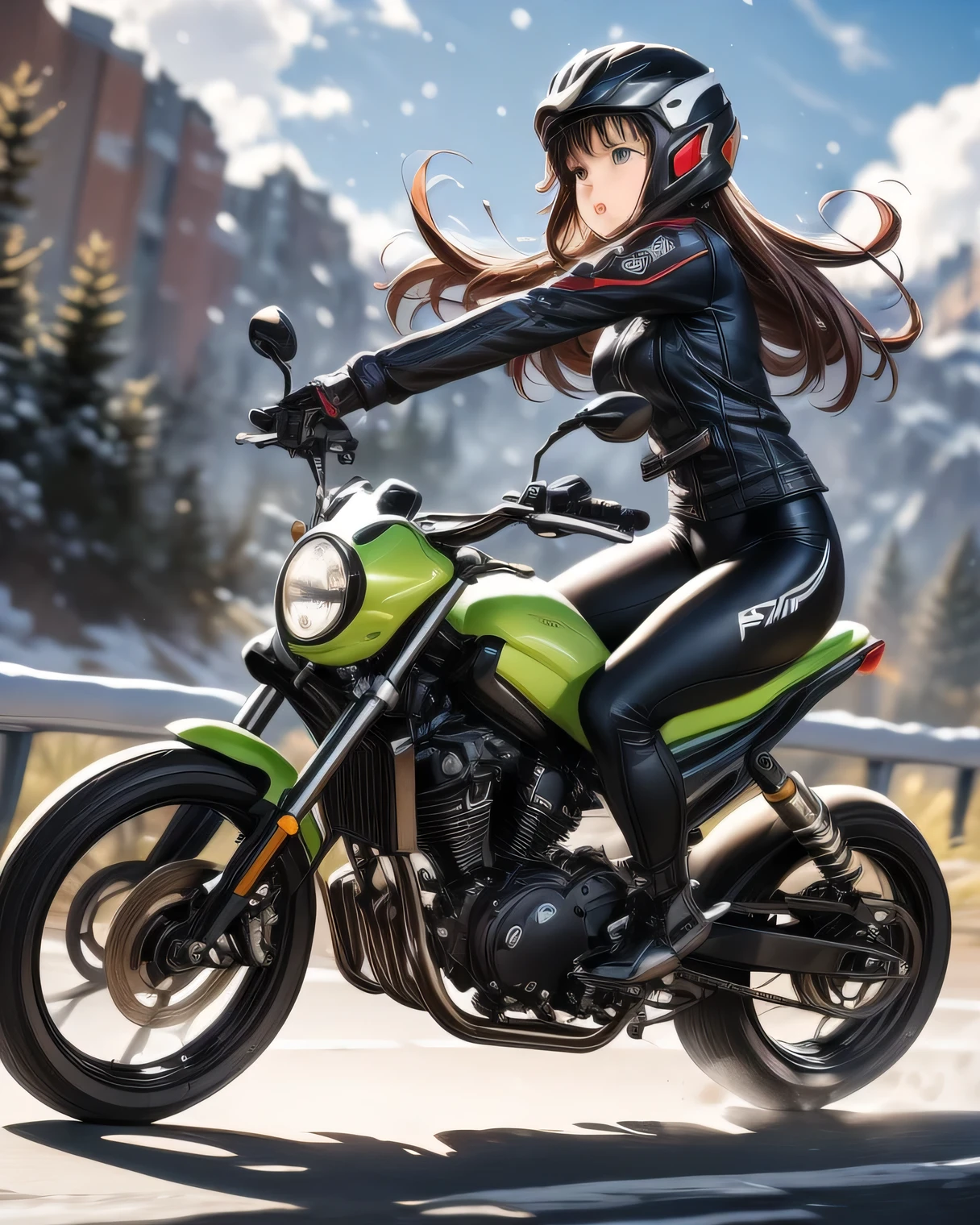 ((( Masterpiece:1.3, Best Quality, hight resolution, nffsw, Perfect Pixel, 4K, nffsw, nffsw))), 1girl in, Off-road motorcycle driving on spring country roads、18-year-old girl、jet helmet、((December scenery, white Christmas, softly falling snow, she drives carefully along the national highway)), She has both hands on the handlebars, she's low to the ground, she's cornering great.