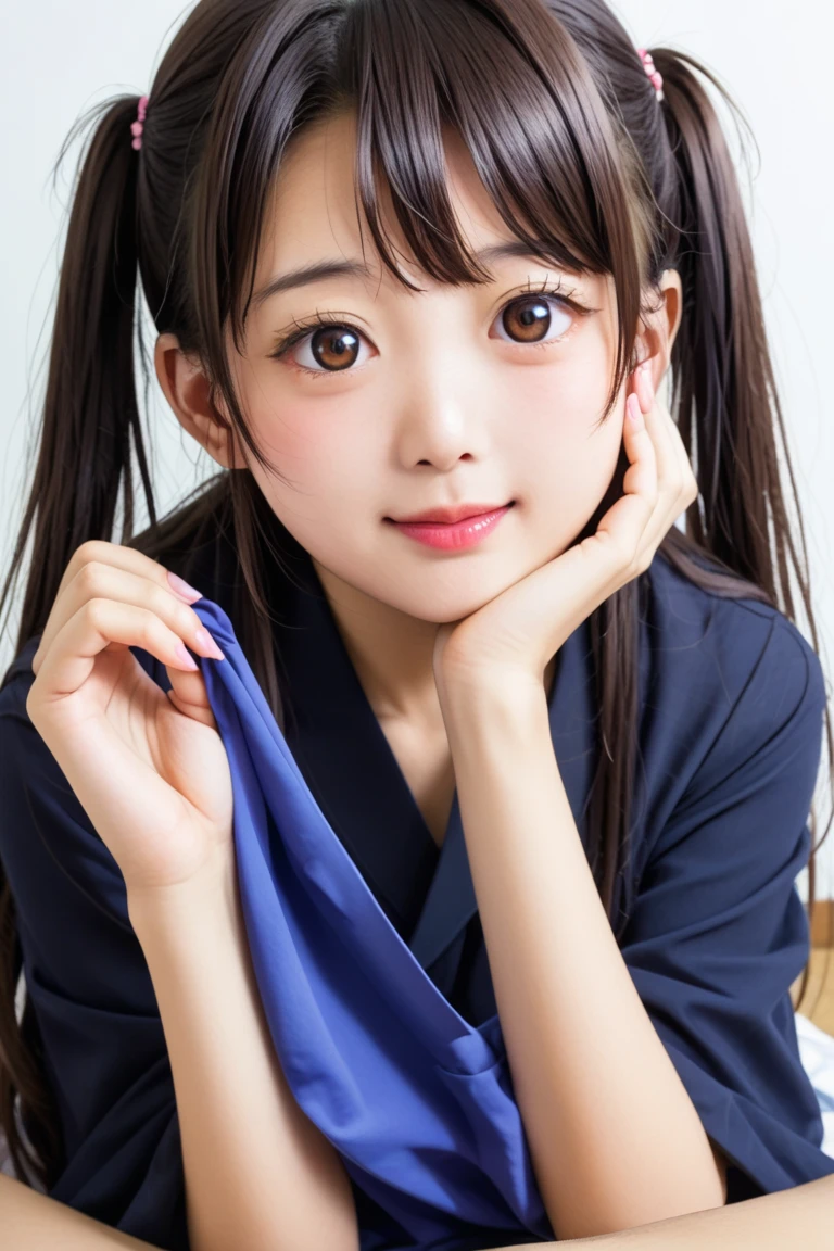 (School Uniforms:1.2), (The navy blue cardigan has a fitted body.:1.4), ((Raise button, Not loose):1.5), ((Long sleeve, sleeves past wrists):1.2), (White collar shirt underneath:1.3), (red plaid pleated skirt:1.3), ((Dark brown pantyhose, lowfers):1.2),