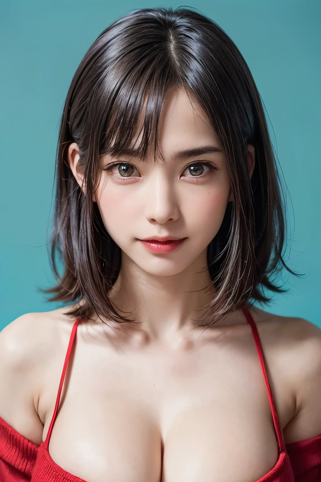 ((masterpiece, Highest quality, High resolution、Everything is beautifully detailed)), 1 girl, (Realistic: 1.4), alone, White Background, snow-White Background, Mouth closed, smile, smile, Beautiful black hair, short hair, Big eyes, Transparent double eyelids, eyelash, Listen carefully, Long neck, 美しくLong neck, Absolute area, ((Face close-up)), (Draw the whole head, shoulder), 19 years old, Attractive proportions, Glowing Skin, Beautiful clavicle, Golden ratio face, Perfect Face, Teardrop-shaped mole, chestのほくろ, bangs, clean bangs, beautiful bangs, Lip gloss, Thin lips, Fair skin, naked, Big Breasts, {Huge|big|Hugeな|Mega} chest, chestの谷間,Small face, Small face, All the heads are painted, shoulder all drawn, Point slightly above the camera