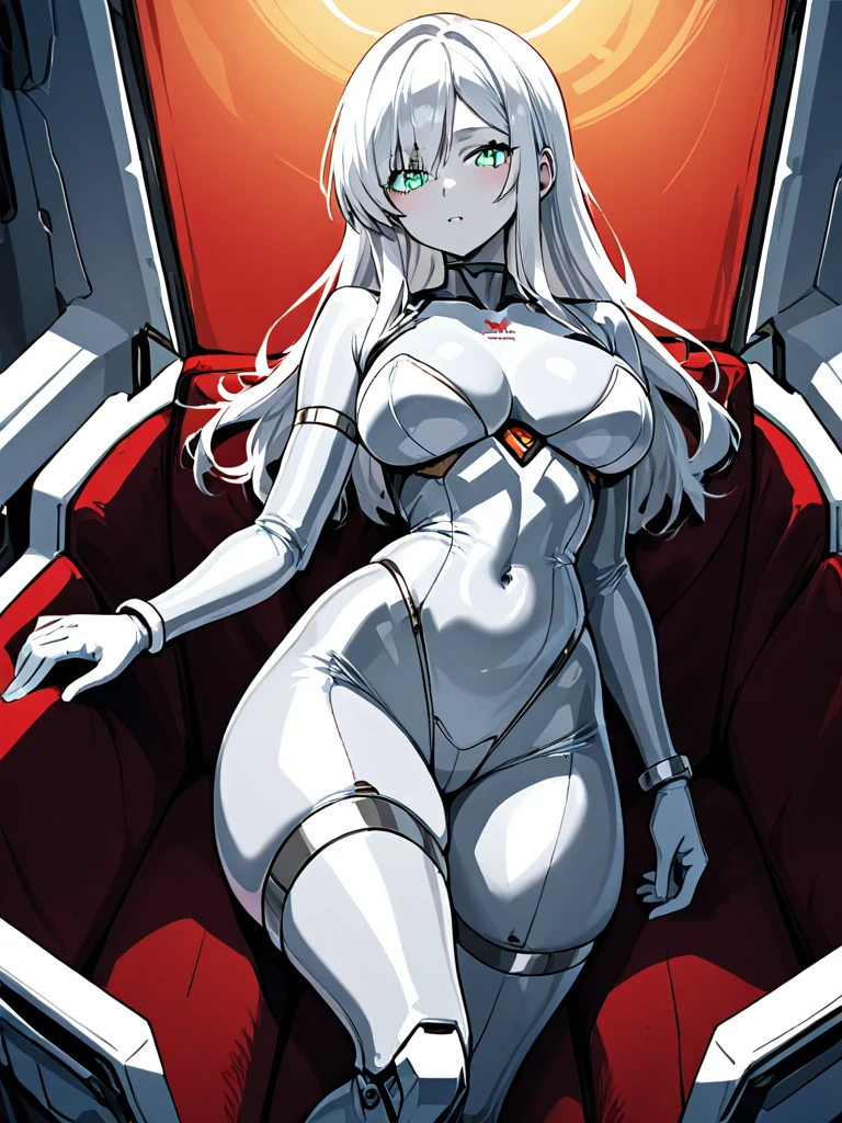 Masterpiece, High quality, High quality of art, anime lineart, 1girl,white hair, black eyes, white eyebrow, red eyeshadow, Tall, black cyber clothers, light gray cyber pants, big hips, big chest, very blush, white hearts in eyes, in future base, looking at viewer, smile, white skin, white hearts in eyes