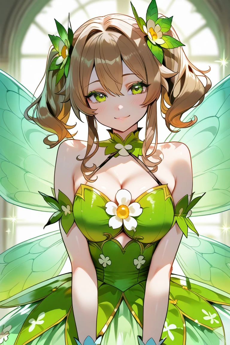 One person, Short Hair, Brown Hair, Large Breasts, Green Eyes, happiness/joy,Close-up, dress