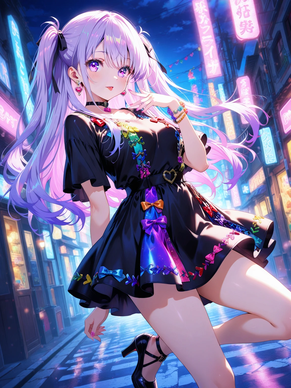 ((8K, Highest Quality, Masterpiece:1.3)), Ultra High Quality, (1 girl, 1 person), (Color changing eyes, Super detailed, Expressive glow, Sparkling eyes), Highly detailed eyes, Highly detailed face, Random hair, (Silver gray color), Exposed, Bright neon colored off-the-shoulder top, high-waisted tulle skirt, leggings, leg warmers, pumps with ribbons, colorful plastic accessories, bright pink lipstick, and voluminous permed hair., (cute panties:1.3), (Ecstatic expression:1.3), Standing, Angle from below, White skin, Balcony, (Night view, Starry sky:1.2), Fantastic light