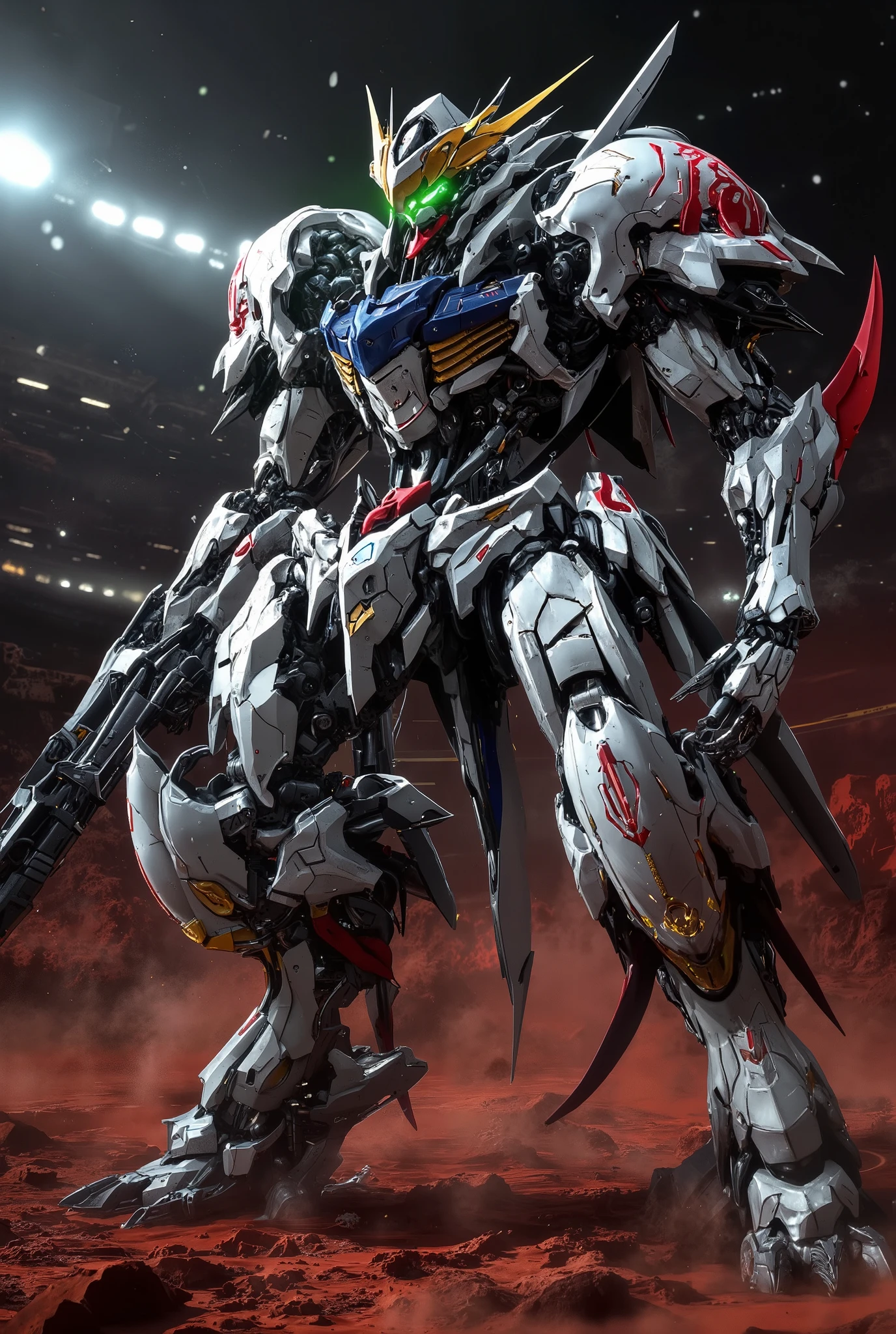 Robot Like Gundam Barbatos ,high-resolution photorealistic detailed depiction3D rendering style ,hyperrealism art,mechanical details of Gundam Barbatos' face,Accurate Proportions of Gundam Barbatos,accurate shiny white armor and、red, Blue, Gold Accents. green_lens flares from glowing binoculars,Joints and panel lines, mobile suit barbatos accumulates energy for the final attack It's there, effects of many particles flowing into the body of a mobile suit. with a large sword、on his knees, dynamic angle shots ,On the battlefield on Mars, redいアリーナ, 4K resolution, Highest Quality , 2 megapixel, --q 2