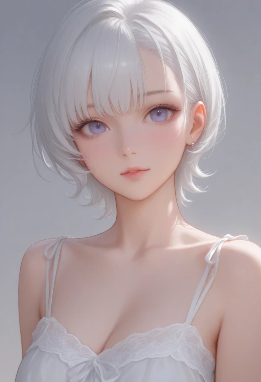 (highest quality), (masterpiece), (High resolution), girl, small breasts, nude, Upper body, gray hair, short hair