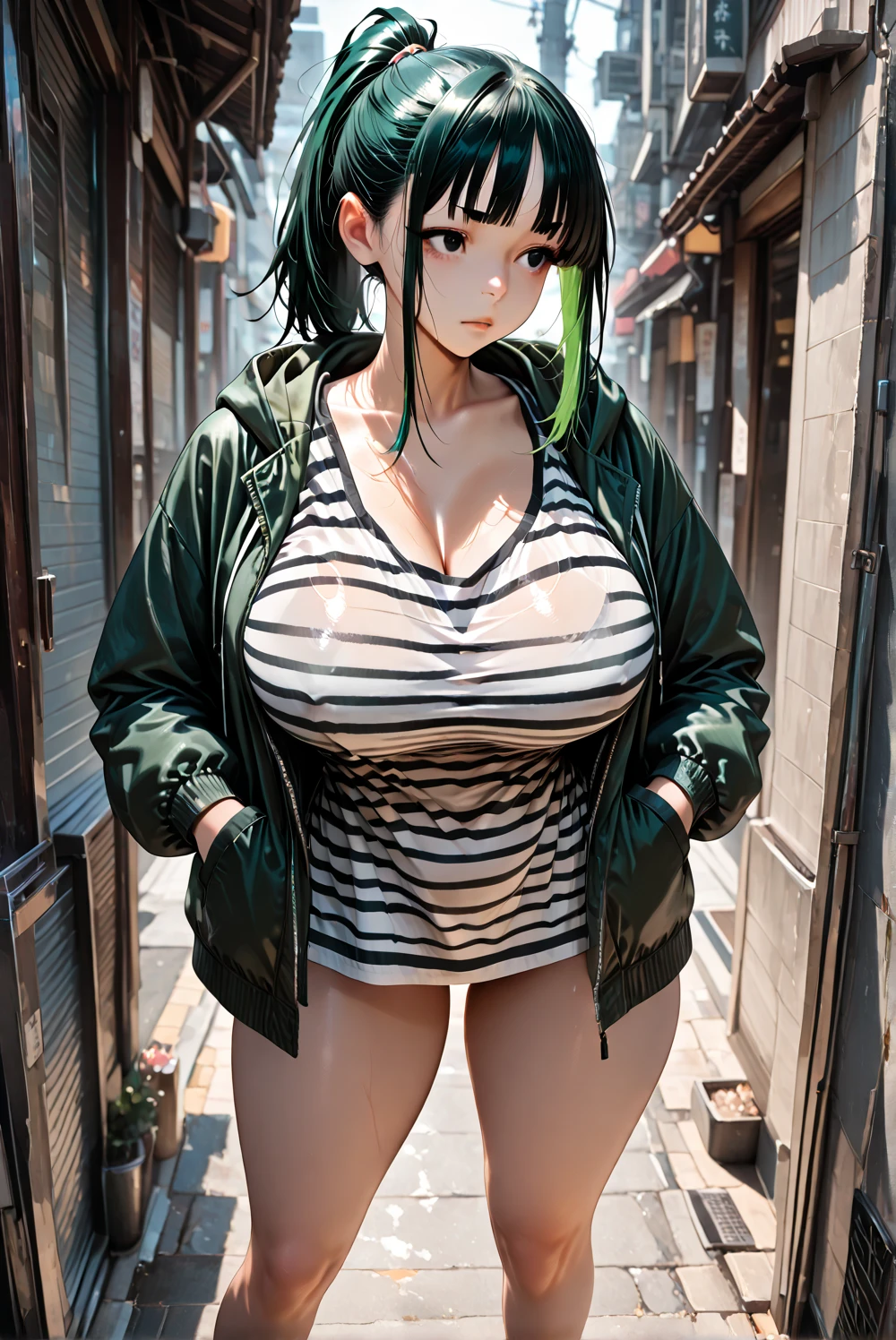 Young female, curvy body, DDD size breasts, dark green hair in two buns, light blue eyes, beautiful, vertical labret piercing, wearing Korean street style clothes. 